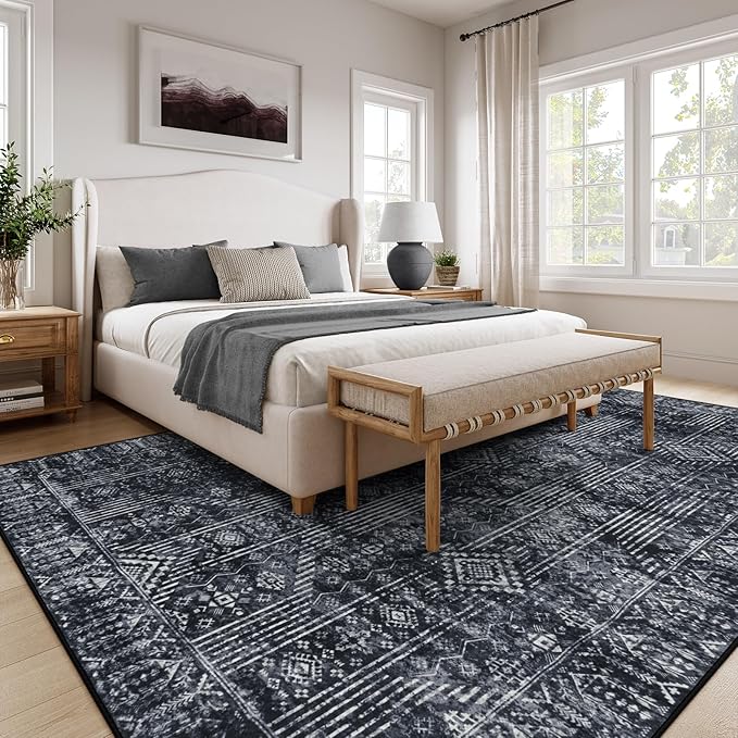 Lahome Black Modern Rugs for Living Room 8x10, Washable Geometric Rug for Bedroom, White and Black Soft Non-Slip Carpet Rug for Office Dining Room Home Apartment