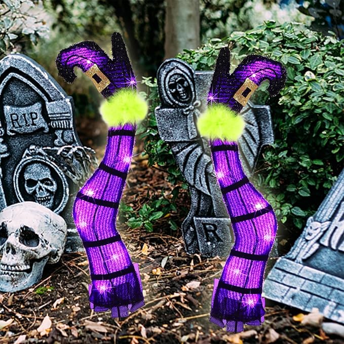 Juegoal Set of 2 Halloween Lighted Wicked Purple Witch Legs with Stakes, 22" Light Up Tinsel Halloween Yard Sign Prop Timer & 8 Modes, Battery Operated for Outdoor Party Haunted House Garden Decor