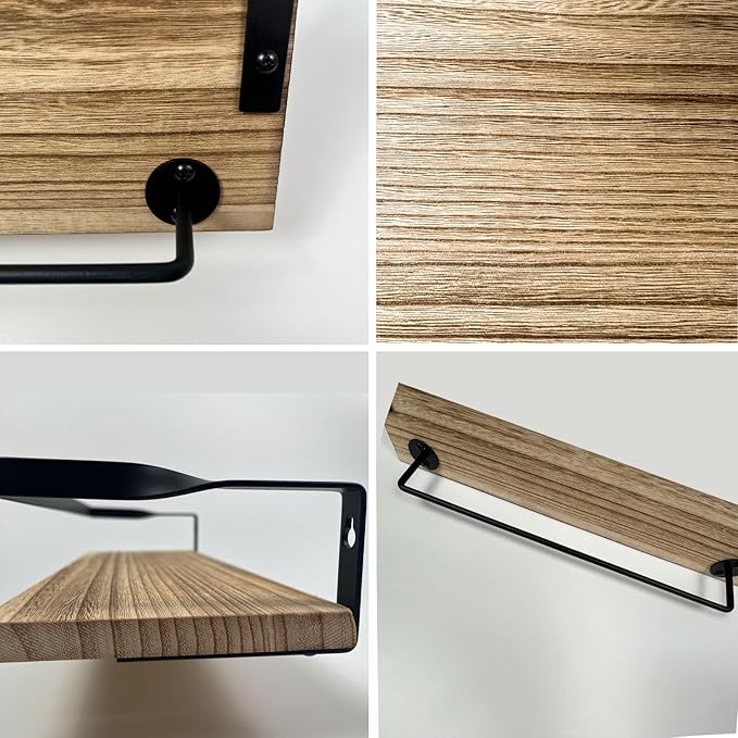 Wood Floating Shelves for Wall,Set of 2 Hanging Shelves with Towel Bar,Decorative Wall Shelves for Bedroom,Living Room,Bathroom,Kitchen