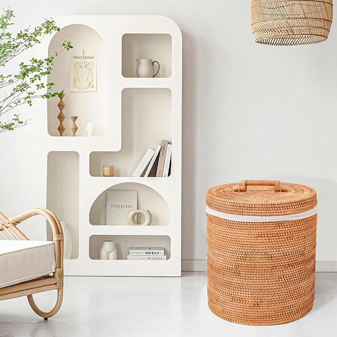 Rattan Laundry Hamper With Lid, Rattan Laundry Basket With Removable Liner Bag Handles (13.8" L×13.8"W×15.7"H)