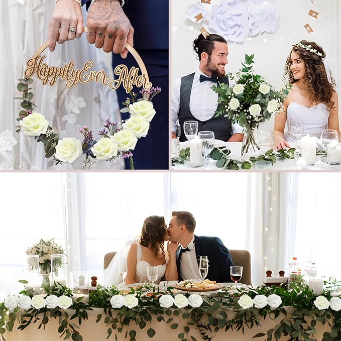 200PCS Milk White Artificial Flowers Roses Real Looking Foam Fake Roses with Leaves for DIY Wedding Bouquets Bridal Shower Party Decorations (Ivory, 200)