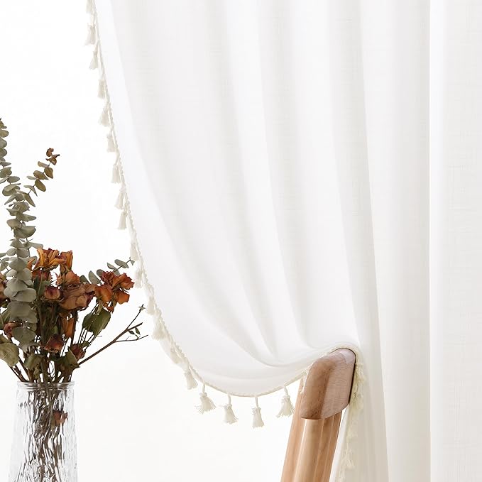 Natural Ivory Linen Curtains 120 Inches Long 2 Panels Boho Farmhouse Semi Sheer Curtains Tassels Back Tab Top Neutral Textured Off White Light Filtering Chic Drapes for Living Room Bedroom 52x120