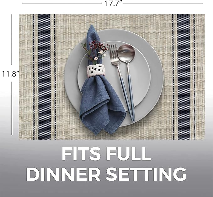 More Décor Dining Table Placemats, Washable Heat-Resistant PVC Vinyl Table Mats for Dining Room and Kitchen, Anti-Slip - Set of 4 - Vertical Striped Blue - Grey