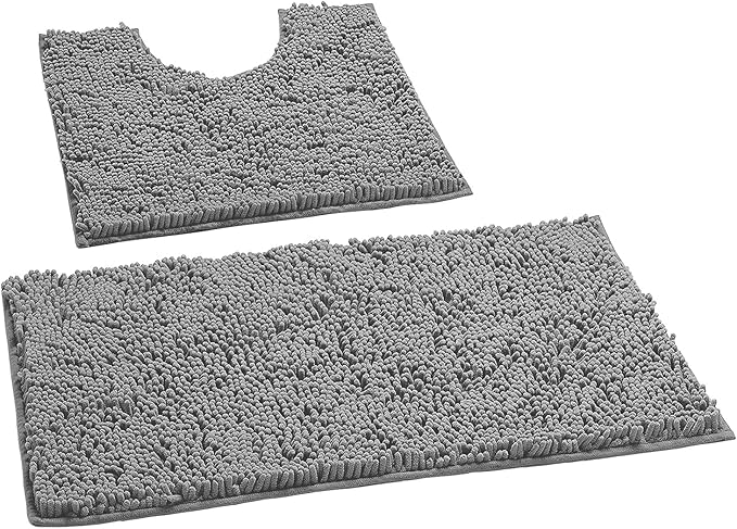 LuxUrux Soft Chenille Area Rug Set, 2 Piece Sets, U-Shape Contoured Toilet Base Mat & 31x20 Mat, Absorbent Washable Mats, Microfiber Dries Quickly, Bath Rugs for Tub, Light Grey.