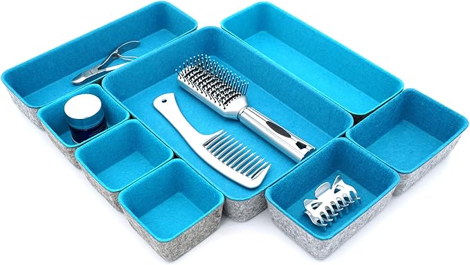 Welaxy desk drawer organizer tray dividers small felt storage box for office entryway catchall key holder makeup crafts pens decluttering 8-piece back to school (Turquoise)