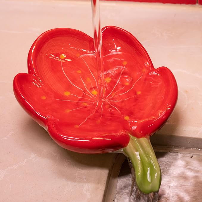 Ceramic Soap Dish Holder for Bathroom, Flower Bar Holder for Shower, Easy Cleaning Saver Tray Decoration for Bathroom, Sinks, Kitchen (Red)