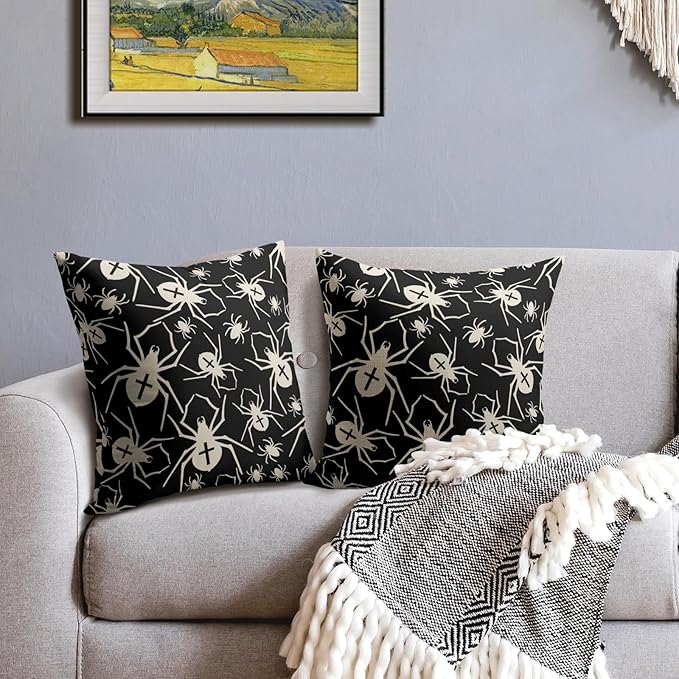 Black Halloween Pillow Covers 16x16 Set of 2 Cream Spider Print Outdoor Decorative Throw Pillows Holiday Scary Themed Farmhouse Pillowcases Linen Cushion Case Decor for Home Sofa Couch Bed
