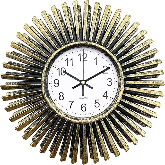 Small Wall Clock 10 Inch, Bronze Analog Battery Operated Wall Clock Vintage Starburst Decorative Clock for Living Room Decor, Bathroom, Kitchen, Office
