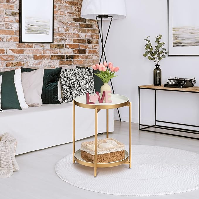 TeoKJ 2 Tier Gold Side Table, Folding Round Metal End Table Small Nightstand with Two Removable Tray for Bedroom Living Room Bedside Small Spaces Gold + White