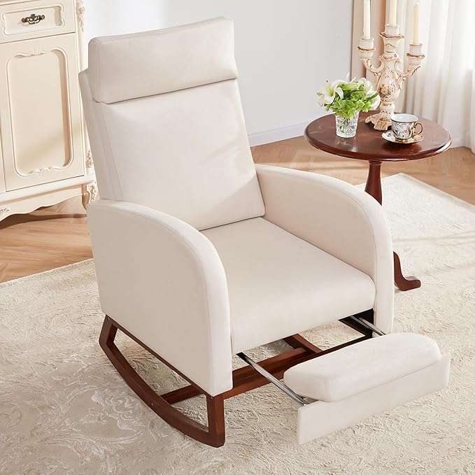 Rocking Chair Nursery Chair with Foot Rest, Nursery Rocking Chairs with High Back, Glider Rocking Chair with Pocket, Baby Nursery Glider Rocker, Nursing Chair Accent Living Room (Linen Beige)
