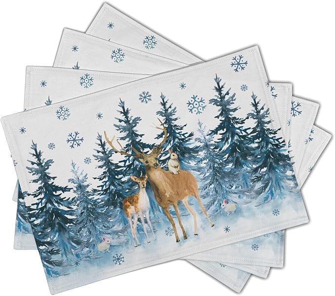 Watercolor Forest Reindeer Placemats Set of 4 - Blue Pine Tree Winter Snowflakes Non-Slip Washable Cloth Place Mats 12 x 18 Inch Reusable Table Mats for Kitchen Dining Holiday Decoration