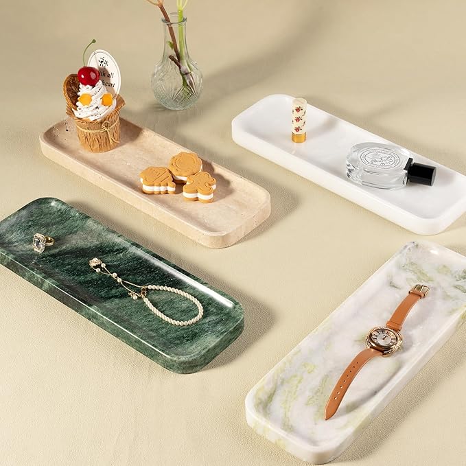 Koville Marble Tray for Bathroom Sink, 12"x4" Natural Stone Vanity Tray for Kitchen Dresser Countertop, Rectangular Decorative Marble Trays for Jewelry Perfume Trinket(White)