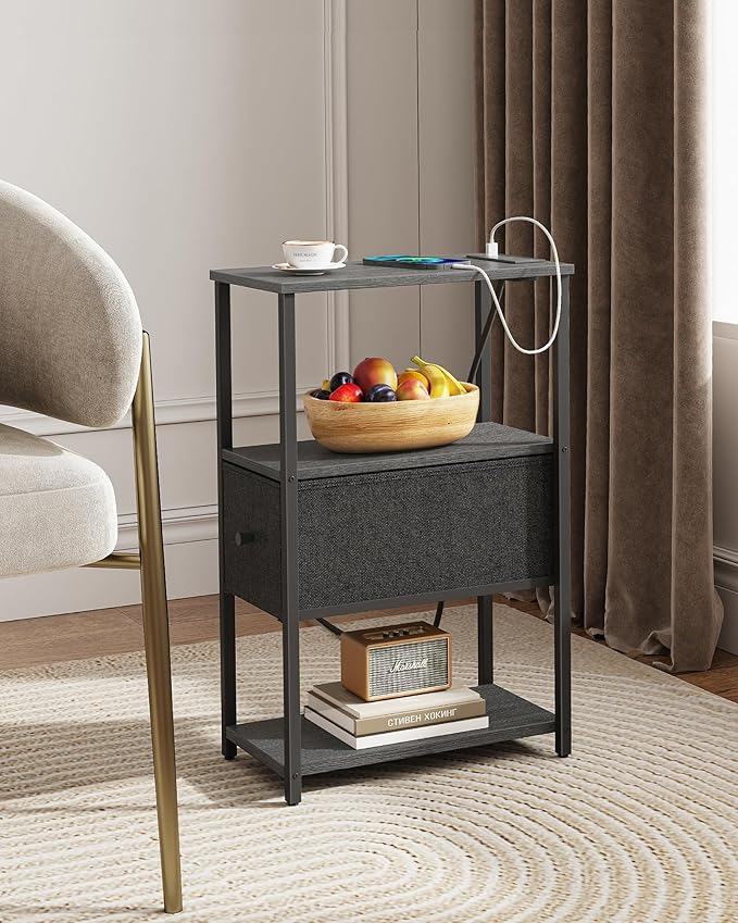 TUTOTAK Small Narrow End Table with Charging Station, Set of 2, Side Table with Outlets, Nightstand with Cloth Drawer, Couch Table, for Living Room, Bedroom, Bedside, Charcoal Grey TB01BY058