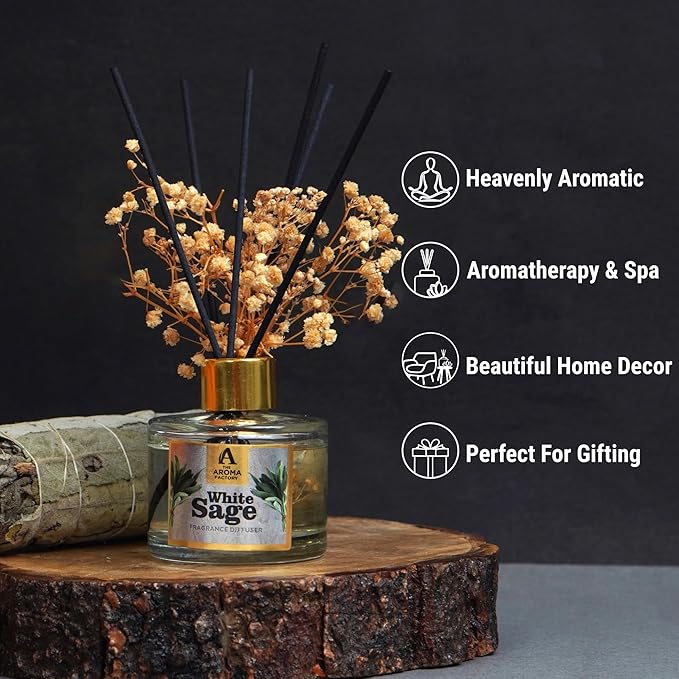 The Aroma Factory Fragrance Reed Diffuser Set with Natural Essential Oil, Aroma Sticks & Real Preserved Flowers | Luxury Home Decor Scent (White Sage, 1 Pack)