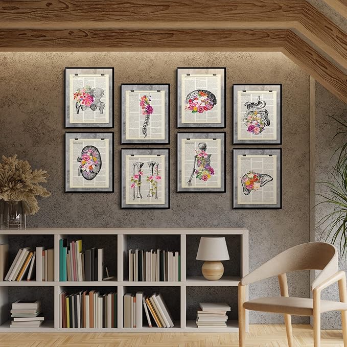 Jetec 12 Pieces Medical Dictionary Art Set 8 x 10 Inch Anatomy Decor Vintage Anatomical Posters Vintage Floral Human Wall Decor for Doctor Office Clinic Gift for Nurses Med