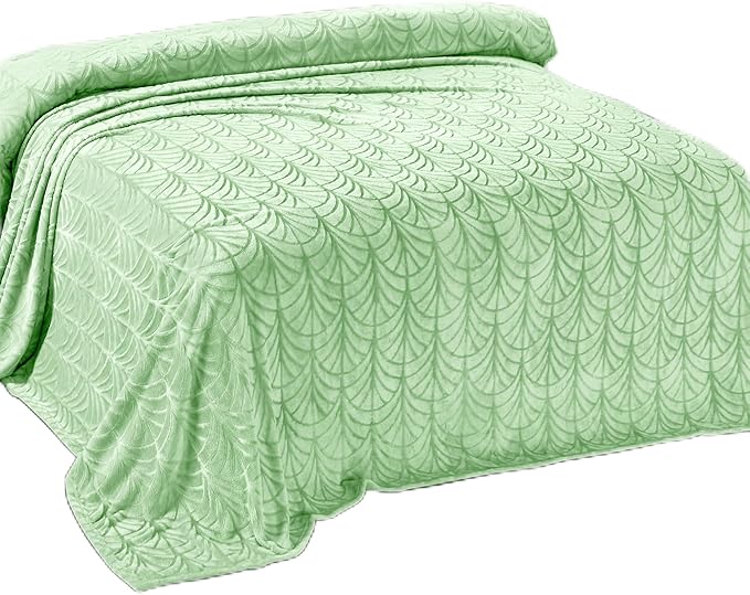 Whale Flotilla Flannel Fleece Queen Size Blanket for Bed, Soft Fluffy Velvet Bedspread Coverlet with Decorative Vintage Pattern for All Season, Warm and Lightweight, 90x90 Inch, Light Green