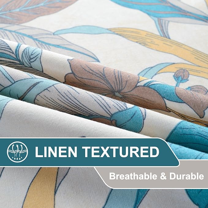 Leeva Printed Window Curtain Set of 2, Lake Blue Leaves Pattern Window Treatment for Living Room, Grommet Room Darkening Curtains 63 Inches Long, 52 x 63