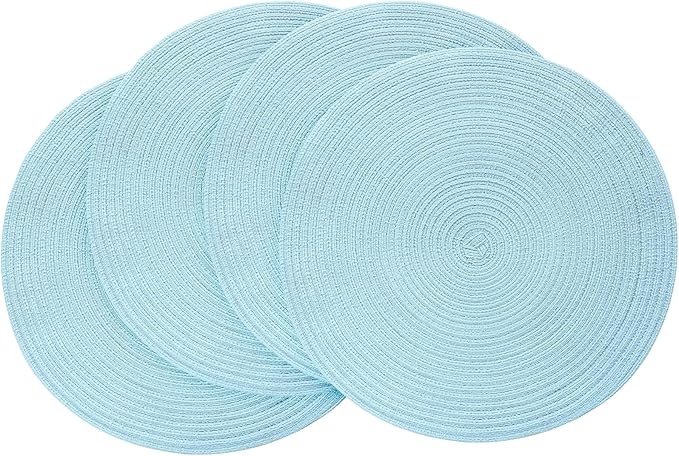 Floroom 15 Inch Round Braided Placemats Set of 4, Washable Heat Resistant Cotton Polyester Circle Place Mats for Kitchen Dining Table - Light Blue
