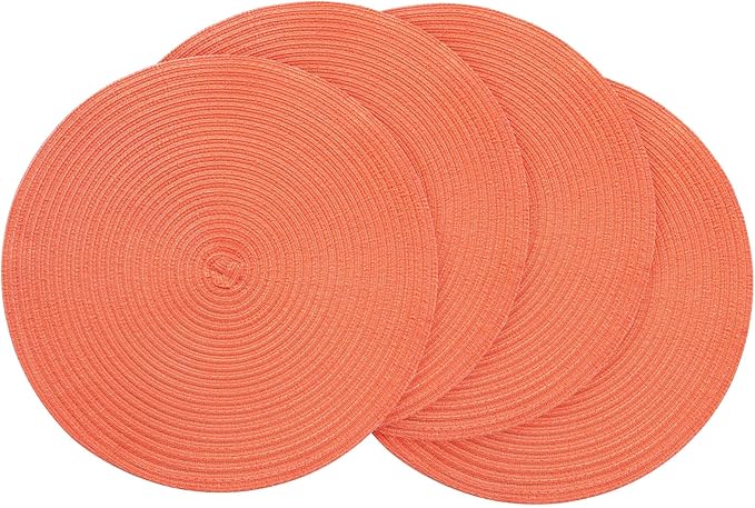 Floroom 15 Inch Round Braided Placemats Set of 4, Washable Heat Resistant Cotton Polyester Circle Place Mats for Kitchen Dining Table - Coral Orange