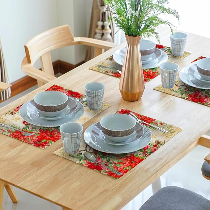 Winter Red Birds Placemats Set of 4 Xmas Holly Berry Pine Cones Place Mat for Kitchen Dining Decor 12 x 18 Inch Watercolor Poinsettias Linen Fabric Table Mats for Home Holiday Seasonal Party