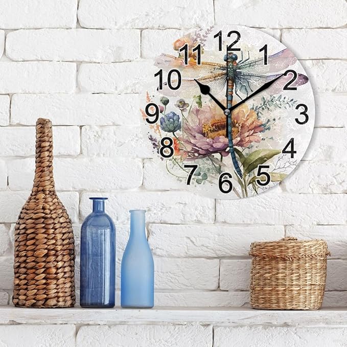 Insect Dragonfly Wall Clock Non Ticking Silent Kitchen Clock Large Battery Operated Clocks 10 inch for Living Room Bedroom Decor
