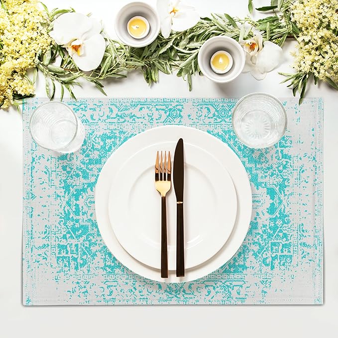 Gray Aqua Turquoise Boho Placemats Set of 6 Ethnic Bohemian Carpet Place Mats Washable Kitchen Dining Vintage Grey Floral Linen Table Mats Stain Heat-Resistant for Home Party Indoor 12x18 in