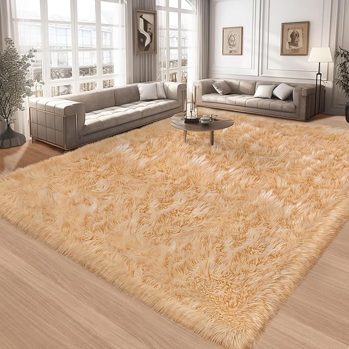 Ciicool Fluffy Faux Fur Area Rug 8 x 10 Feet, Beige Faux Sheepskin Rug Area Rug Large Shag Rug, Thick Shaggy Fuzzy Rugs Floor Carpets for Living Room, Bedroom, Dorm, Luxury Room Decor, Rectangle