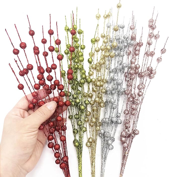 Artificial Glitter Berry Stem Ornaments, Gold Bright Berries Decorative Bead Sticks, Picks Branches Glittery Twigs for Home Christmas Tree Vase Holiday Wedding Party Decor - 17 Inch Golden 10 Pack