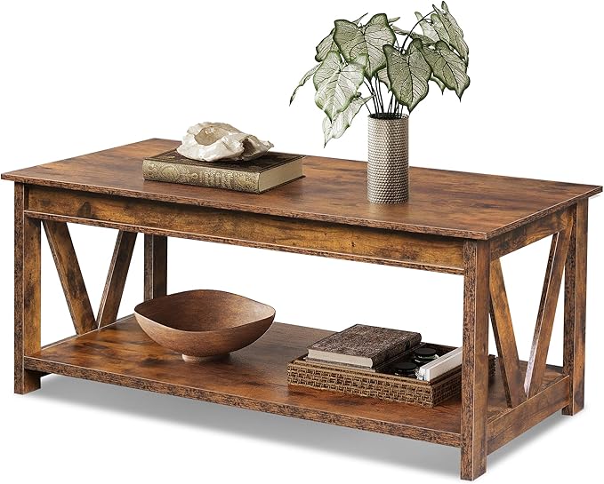 WLIVE Coffee Table, 43" Farmhouse Coffee Table with Storage Shelf & Sturdy V-Shaped Support, Wood Center Table for Living Room, Bedroom, Office and Balcony, Rustic Brown