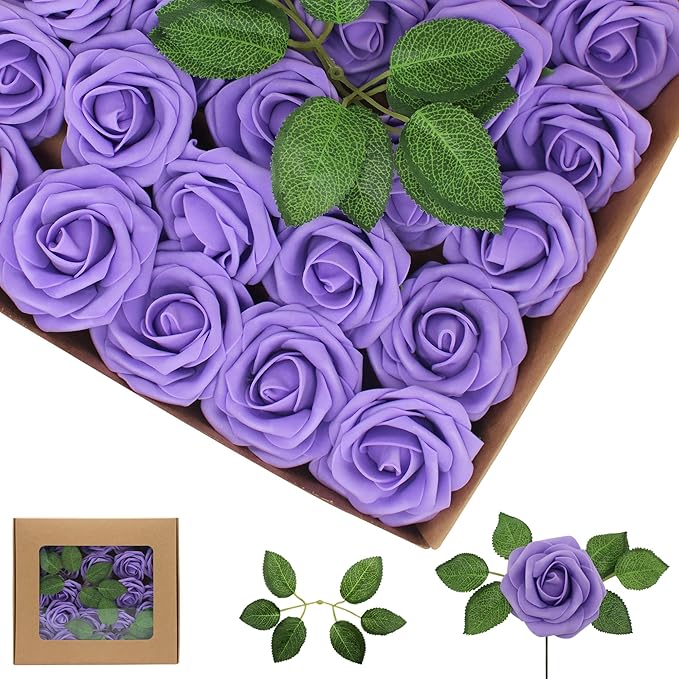 50PCS Artificial Flowers Purple Roses Real Looking Foam Fake Roses with Leaves and for DIY Wedding Bouquets Bridal Shower Centerpieces Party Decorations (Purple, 50)