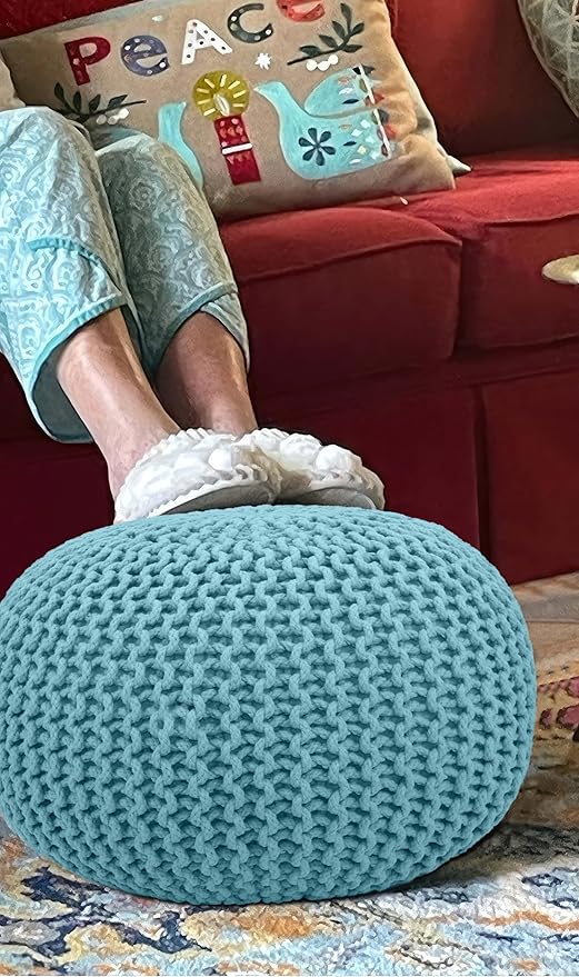 COTTON CRAFT Round Pouf - Hand Knitted Cotton Braid Cord Cable Dori Ottoman - Foot Stool - Floor Pouf Footrest Accent Seat Furniture Bean Bag - Living Room Kids Nursery Dorm Décor - 20x14 - Light Blue