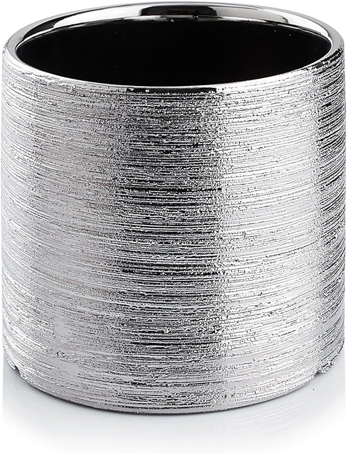 WGVI Silver Etched Ceramic Cylinder Vase Width 6.5" Height 6", Flower Arrangements, Candle Holder, Terrarium Planter Pot, Storage Container Organizer, Pen Brush Holder, Scratched Texture Design, 1 Pc