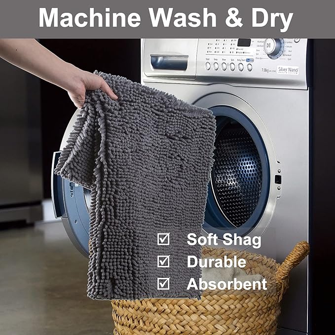 VAGAU Bathroom Rugs Chenille Bath Mat Sets 2 Pieces, Extra Thick and Soft Absorbent Bath Rugs, Machine Washable, Non-Slip Plush Bath Mats for Tub, Shower, and Bath Room +Toilet Mat(Dark Grey)