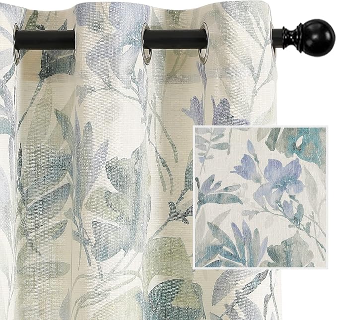 MYSKY HOME Sage Green Curtains 45 Inch Length Light Filtering Cotton Curtains for Kitchen Bedroom Floral Printing Window Treatment Grommet 2 Panels,Sage and Natural