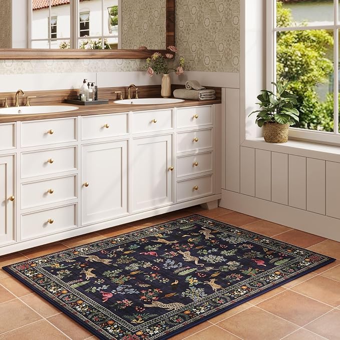 Door Mat Indoor Entrance 2x3 Rug Machine Washable Boho Floral Animal Small Area Rug Non-Slip Low Pile Throw Rugs for Entryway, Kitchen, Front Door Indoor Entrance, Entry, Kids Room (Blue)