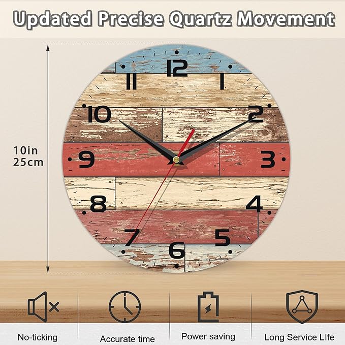Clock for Living Room, Wooden Decorative Round Wall Clock Silent Non-Ticking Battery Operated Clock 10 Inch, Home Decor for Living Room, Kitchen, Bedroom and Office