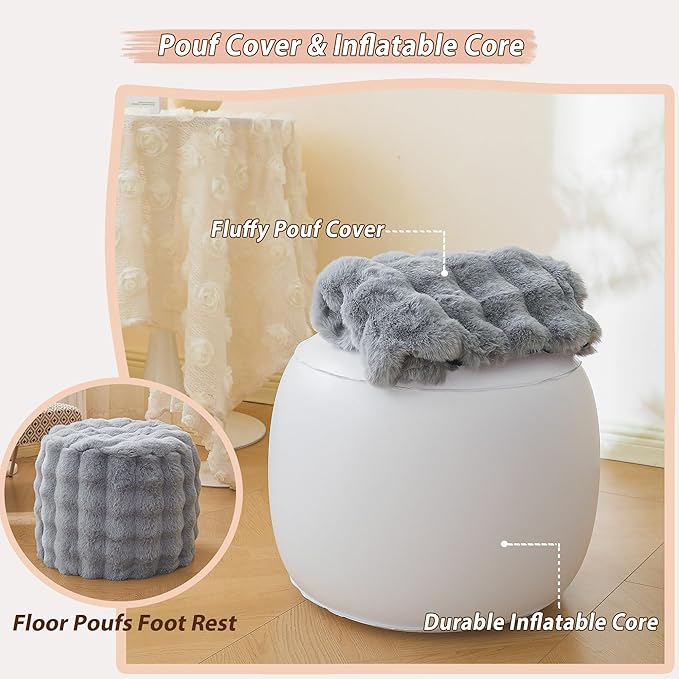 LIFEREVO Faux Rabbit Fur Round Inflatable Pouf Ottoman, 20" X 16" Shaggy Waffle Bubble Floor Poufs Foot Rest Living Room Bedroom, Furry Pouf Chair Foot Stool Couch Home Decor, Anti-Slip, Light Grey
