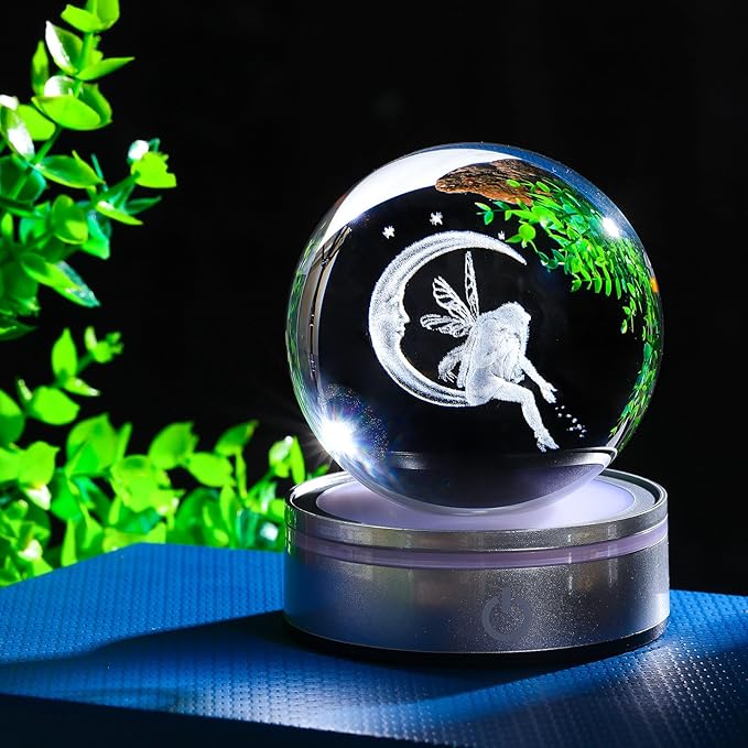Movdyka 3D Crystal Ball Moon & Fairy Statue Decor Gifts for Women Girls with Colorful LED Base, 3D Laser Fairy Snow Globe Home Decor Crafts - 3.15"/8CM
