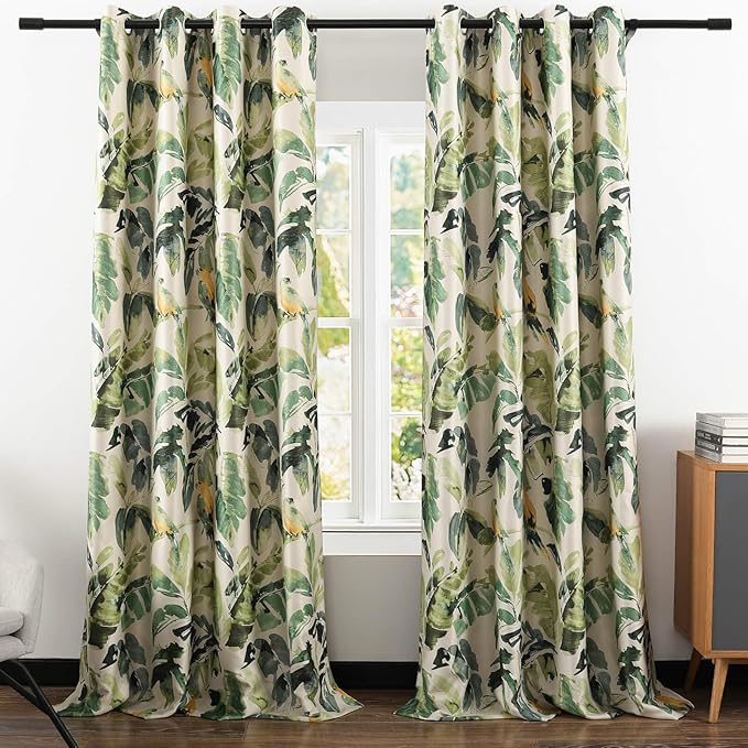 Leeva Linen Blackout Curtains for Dining Room, Thermal Insulated Trees Pattern Print Window Treatment Darkening Curtains for Living Room, Set of 2 Panels, Green, 52x63
