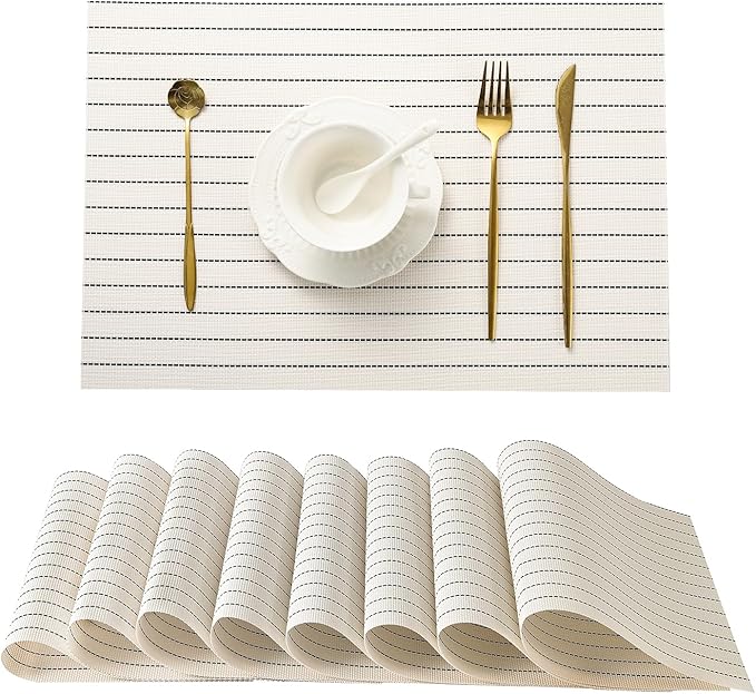 Leetaltree White with Black Stripes Placemats Set of 8 - Heat Resistant Non-Slip Place mats for Dining Table, Washable Durable PVC Vinyl Woven Table Mats(White Stripes, 8)