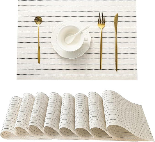Leetaltree White with Black Stripes Placemats Set of 8 - Heat Resistant Non-Slip Place mats for Dining Table, Washable Durable PVC Vinyl Woven Table Mats(White Stripes, 8)