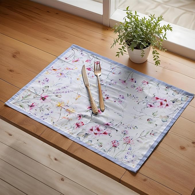 Maison d' Hermine Placemats Set of 4 100% Cotton Washable Cloth Place Mats, Reusable Table Mats for Kitchen Dining Decoration, Party, Wedding, Restaurant Spring/Summer (Summer Floral, 13" x 19")