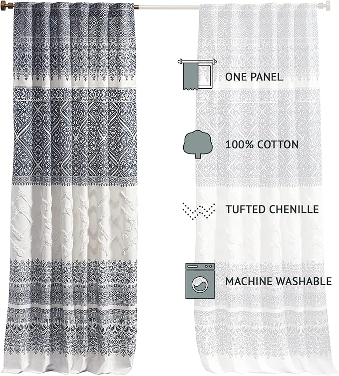 INK+IVY Mila 100% Cotton Single Panel Curtain Tufted Chenile Boho Design Rod Pocket Top Drape for Living Room, Privacy Window Treatment for Bedroom, 50" x 84", Navy/White