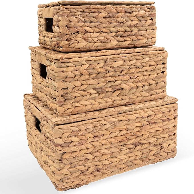 Wicker Storage Baskets with Lid, Basket With Lid Decorative Storage Rectangle 14"D X 11"W X 7"H Wicker Storage Basket With Lid Large Rattan Storage Box Hyacinth Baskets