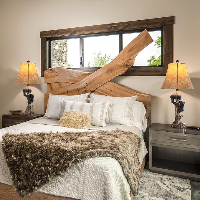 LOKHOM Climbing Bears Rustic Western Table Lamp Set of 2, 26" Rustic Bedside Lamp with USB & TypeC Charging Port, Natural Bears Table Lamp for Bedroom Living Room Foyer Office Valentine's Day Gift