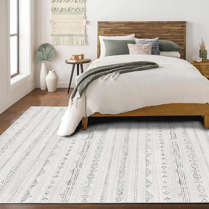 Deerly 6x9 Area Rug Living Room, Boho Moroccan Farmhouse Machine Washable Rugs for Bedroom Home Office Decor, Soft Non Slip Low Pile Indoor Floor Carpet Neutral Rug Large, Light Grey