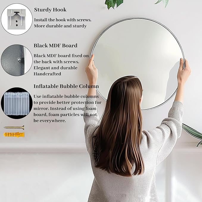 Silver Circle Mirror, Round Mirror 20 inch, Round Wall Mirrors with Aluminum Frame, Circle Mirrors for Living Room, Bathroom, Wall, Hallway.