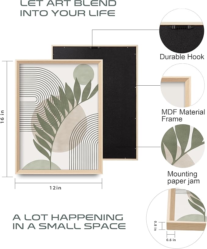 HesenDot Boho Sage Green Framed Wall Art, 12x16in High Framed Design Canvas Prints Wall Decor,Minimalist Abstract Green Poster Home Decoration for Living Room Bedrrom Gallery Office,Set of 3