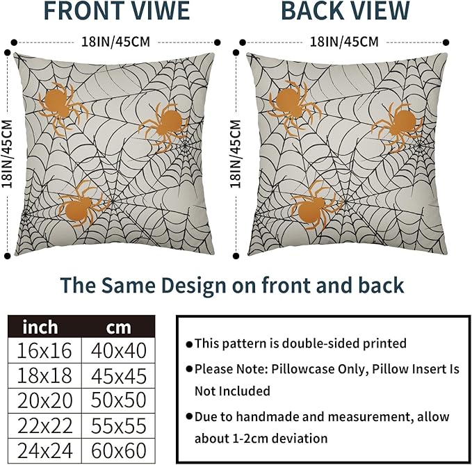Halloween Spiderweb Pillow Covers 18x18 Set of 2 Cream Black Spider Web Orange Spider Outdoor Decorative Throw Pillows Scary Farmhouse Pillowcases Linen Cushion Case Decor for Home Sofa Couch Bed