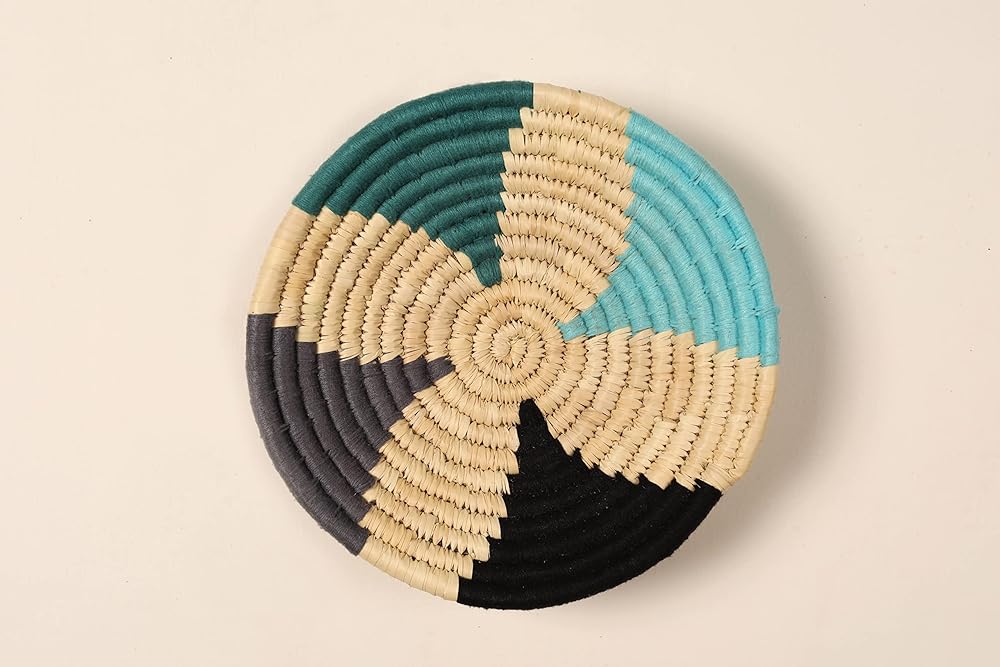 Set of 5 Round Boho Hanging Wall Basket Home Decor for Bedroom, Kitchen, Farmhouse Handmade Decorative Unique Indian Wall Decor Woven Wicker Baskets Christmas Gifting (Green Blue, Vivid)